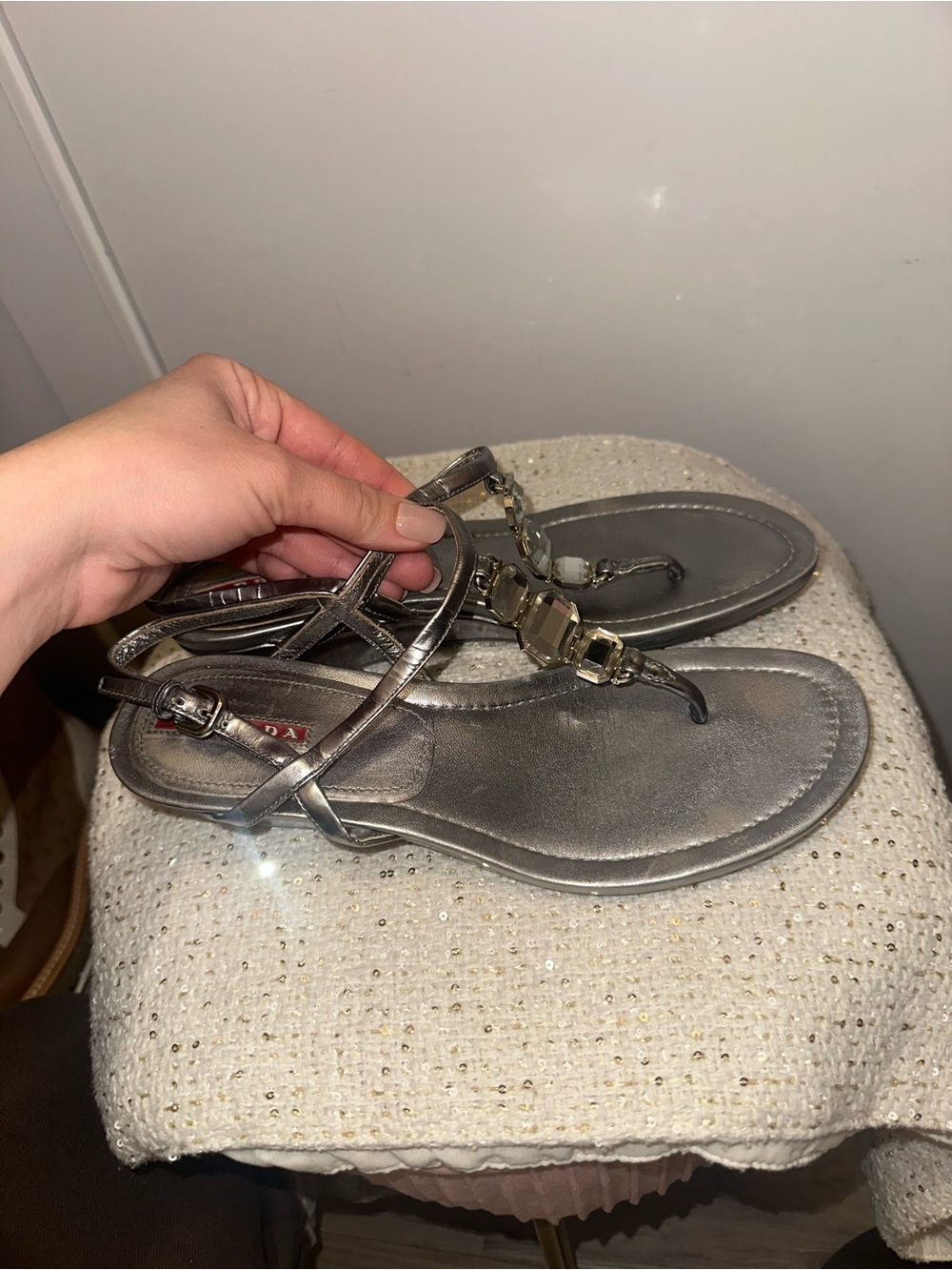 Prada Silver Jeweled T-Strap Sandals Wedge Metallic